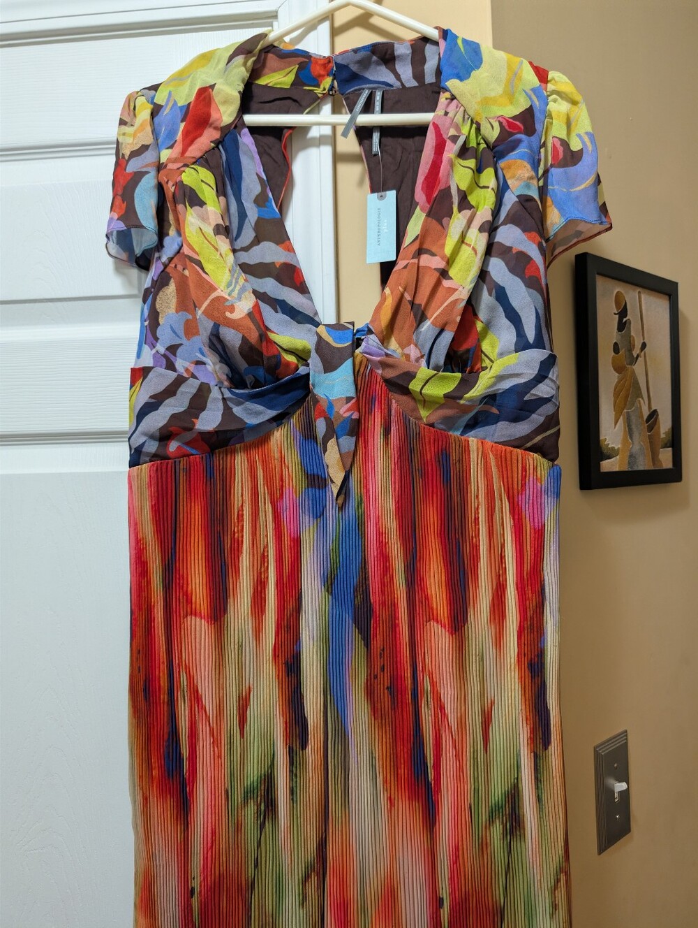 NEW Anthropologie Open Back Mixed Print Pleated Plunge V Neck Maxi Chiffon Dress - Picture 12 of 16